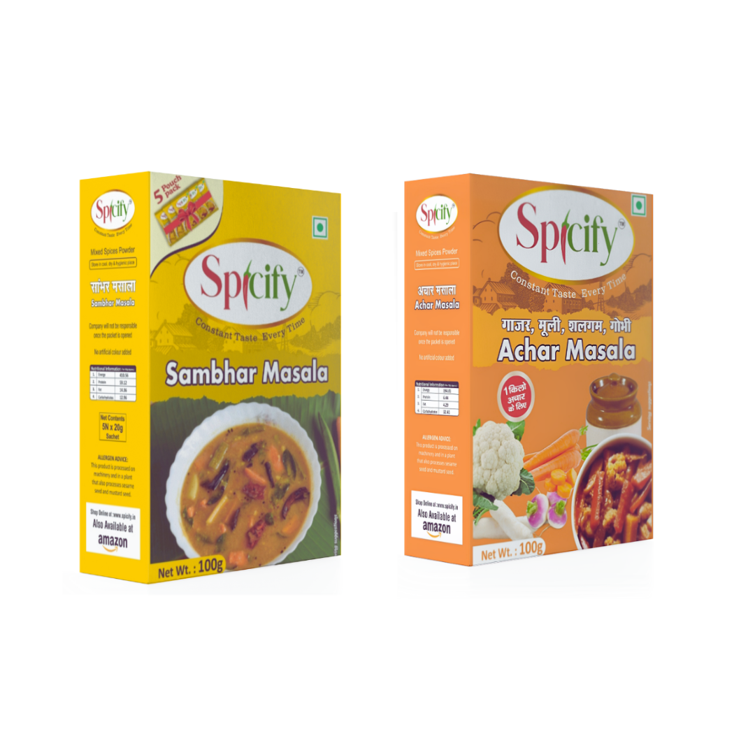 Spicify Sambhar Masala+ Mix Veg Achar Masala| Pack of 2-100g each